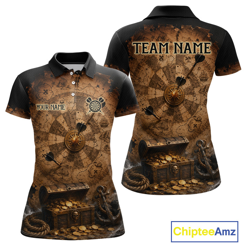 Custom Vintage Treasure Map & Chest Dart Shirt Skeleton Pirate Dart Team Jersey for Women Polo & 1/4-Zip DHT62