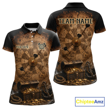 Custom Vintage Treasure Map & Chest Dart Shirt Skeleton Pirate Dart Team Jersey for Women Polo & 1/4-Zip DHT62