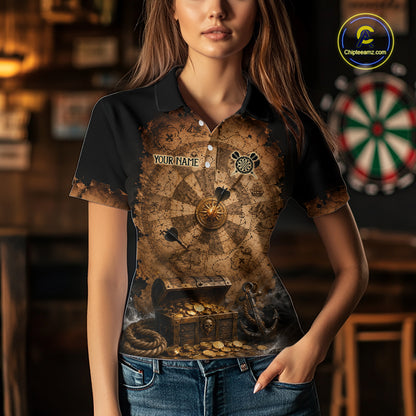 Custom Vintage Treasure Map & Chest Dart Shirt Skeleton Pirate Dart Team Jersey for Women Polo & 1/4-Zip DHT62