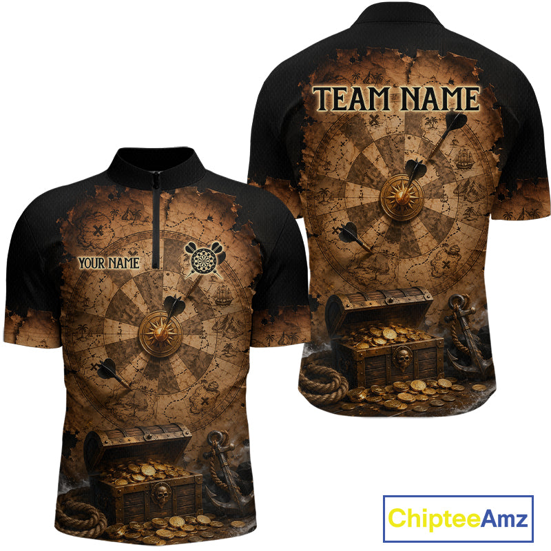 Custom Vintage Treasure Map & Chest Dart Shirt Skeleton Pirate Dart Team Jersey for Men Polo & 1/4-Zip DHT62
