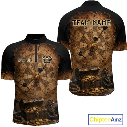 Custom Vintage Treasure Map & Chest Dart Shirt Skeleton Pirate Dart Team Jersey for Men Polo & 1/4-Zip DHT62