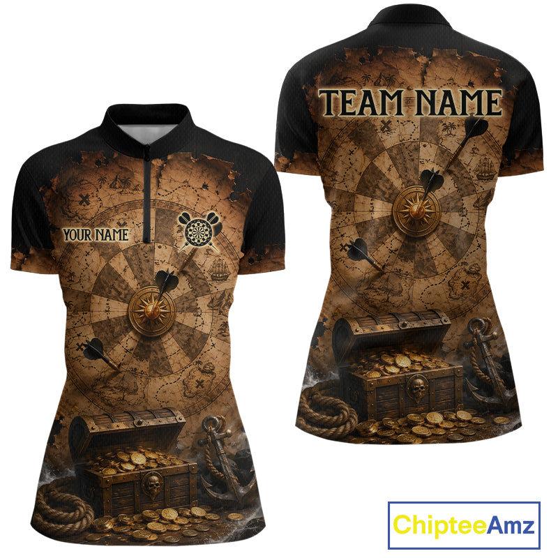 Custom Vintage Treasure Map & Chest Dart Shirt Skeleton Pirate Dart Team Jersey for Women Polo & 1/4-Zip DHT62