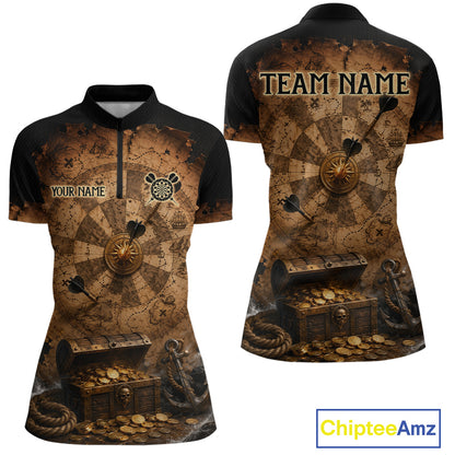 Custom Vintage Treasure Map & Chest Dart Shirt Skeleton Pirate Dart Team Jersey for Women Polo & 1/4-Zip DHT62