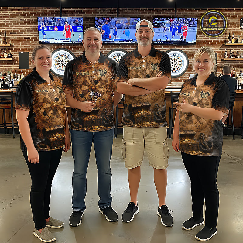 Custom Vintage Treasure Map & Chest Dart Shirt Skeleton Pirate Dart Team Jersey for Men Polo & 1/4-Zip DHT62