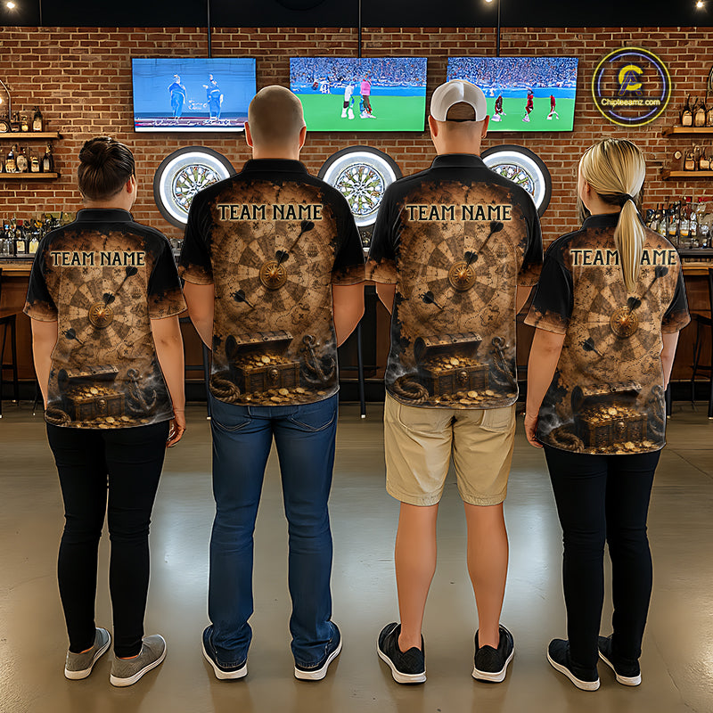 Custom Vintage Treasure Map & Chest Dart Shirt Skeleton Pirate Dart Team Jersey for Men Polo & 1/4-Zip DHT62
