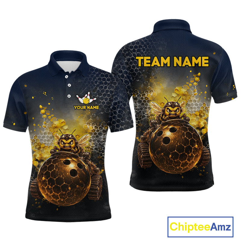  Custom black & gold funny bee bowling polo shirt, front and back views, bowling league jersey for men