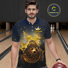 Load image into Gallery viewer,  Man wearing custom black &amp; gold funny bee bowling polo shirt, front view mockup, personalized bowling league jersey.