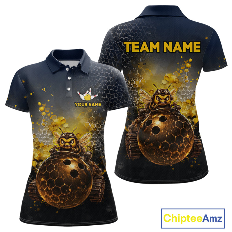  Custom black & gold funny bee bowling polo shirt, front and back views, bowling league jersey for women