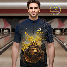 Load image into Gallery viewer, Man wearing custom black &amp; gold funny bee bowling 1/4 zip shirt, front view mockup, personalized bowling league jersey.