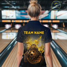 Load image into Gallery viewer, Woman wearing custom black &amp; gold funny bee bowling 1/4 zip shirt, back view mockup with team name design.