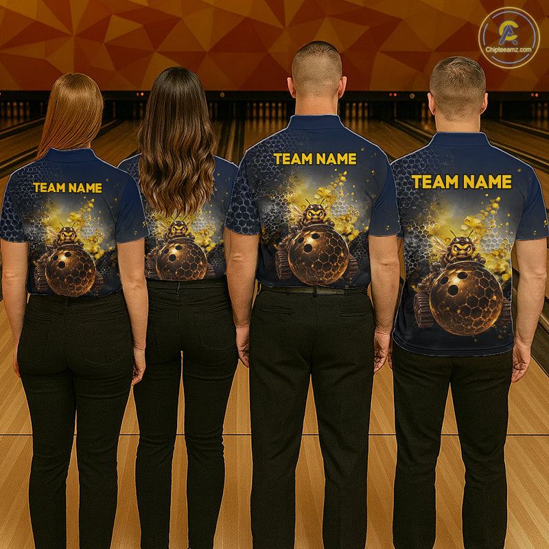 Bowling team wearing custom black & gold funny bee bowling shirts, group back view mockup with team name design.
