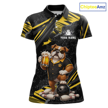 A women's short-sleeve polo shirt with a black and yellow abstract graphic background and a large printed illustration of a bulldog holding a beer mug and bowling ball, with 'YOUR NAME' text on the chest. The shirt is shown on a white background with a ChipteeAmz logo in the top right corner.