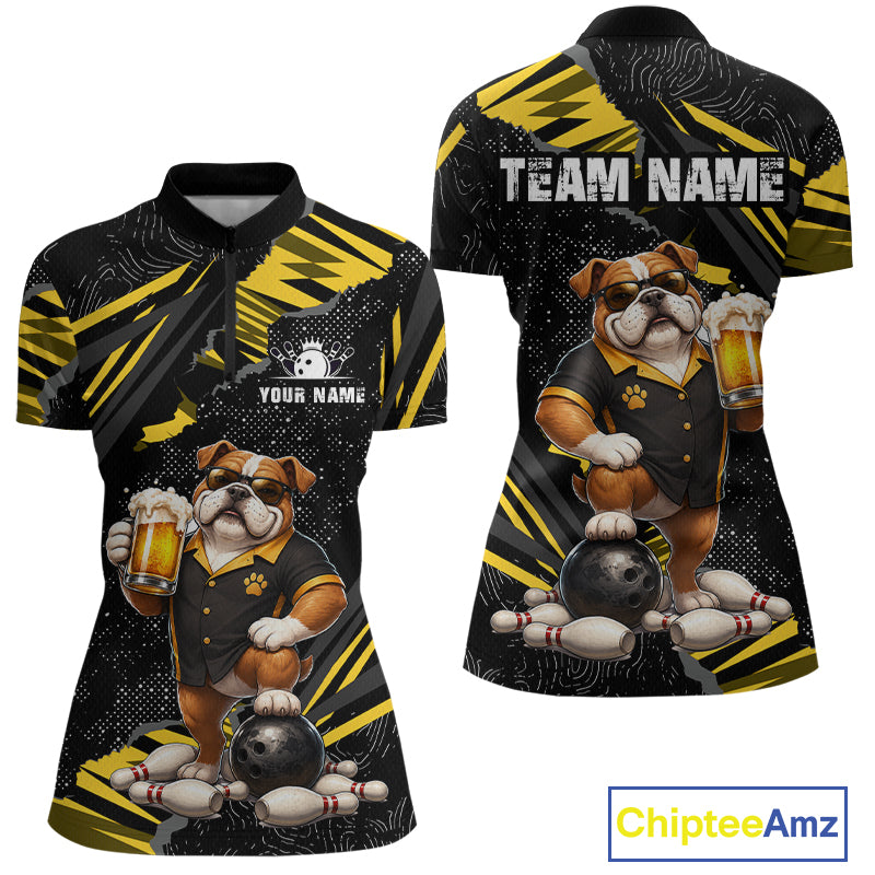 Custom short-sleeve quarter-zip shirt shown in front and back views, featuring a bulldog mascot in a bowling uniform with bowling pins, balls, and beer mugs on a black and yellow graphic background. Includes customizable text areas and a ChipteeAmz logo watermark.