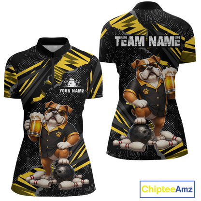 Custom short-sleeve quarter-zip shirt shown in front and back views, featuring a bulldog mascot in a bowling uniform with bowling pins, balls, and beer mugs on a black and yellow graphic background. Includes customizable text areas and a ChipteeAmz logo watermark.