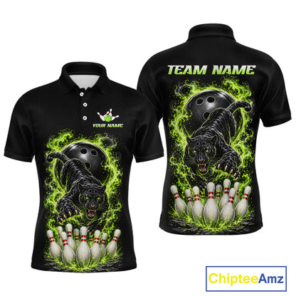Custom Green Flame Panther Bowling Shirt for Men Bowling Team Jersey Polo & Quarter-Zip QZT1231