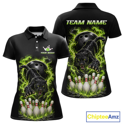 Custom Green Flame Panther Bowling Shirt for Women Bowling Team Jersey Polo & Quarter-Zip QZT1231