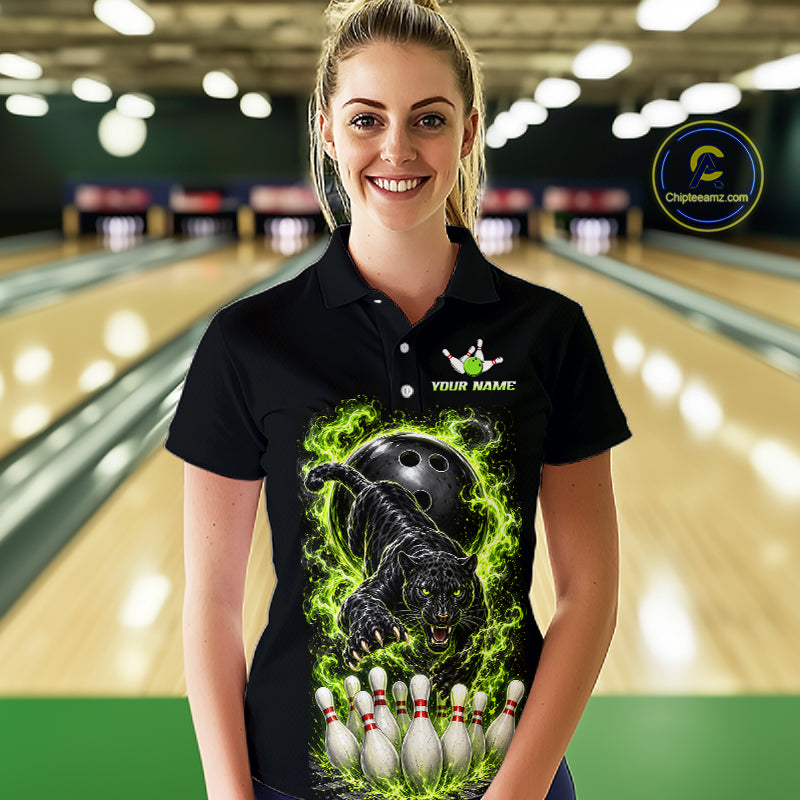 Custom Green Flame Panther Bowling Shirt for Women Bowling Team Jersey Polo & Quarter-Zip QZT1231