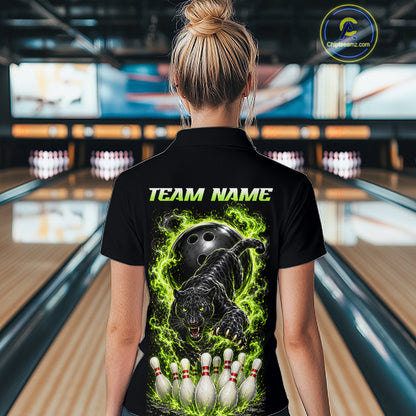 Custom Green Flame Panther Bowling Shirt for Women Bowling Team Jersey Polo & Quarter-Zip QZT1231