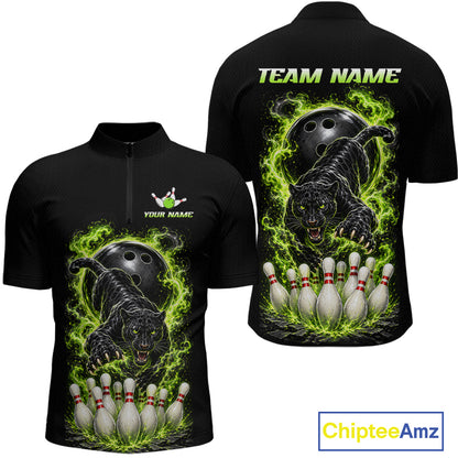 Custom Green Flame Panther Bowling Shirt for Men Bowling Team Jersey Polo & Quarter-Zip QZT1231