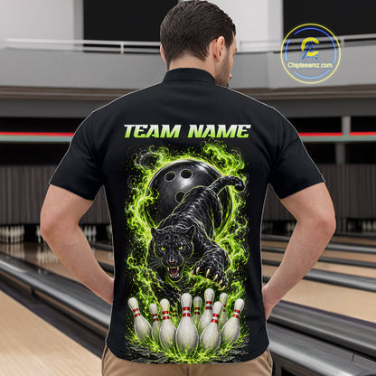 Custom Green Flame Panther Bowling Shirt for Men Bowling Team Jersey Polo & Quarter-Zip QZT1231