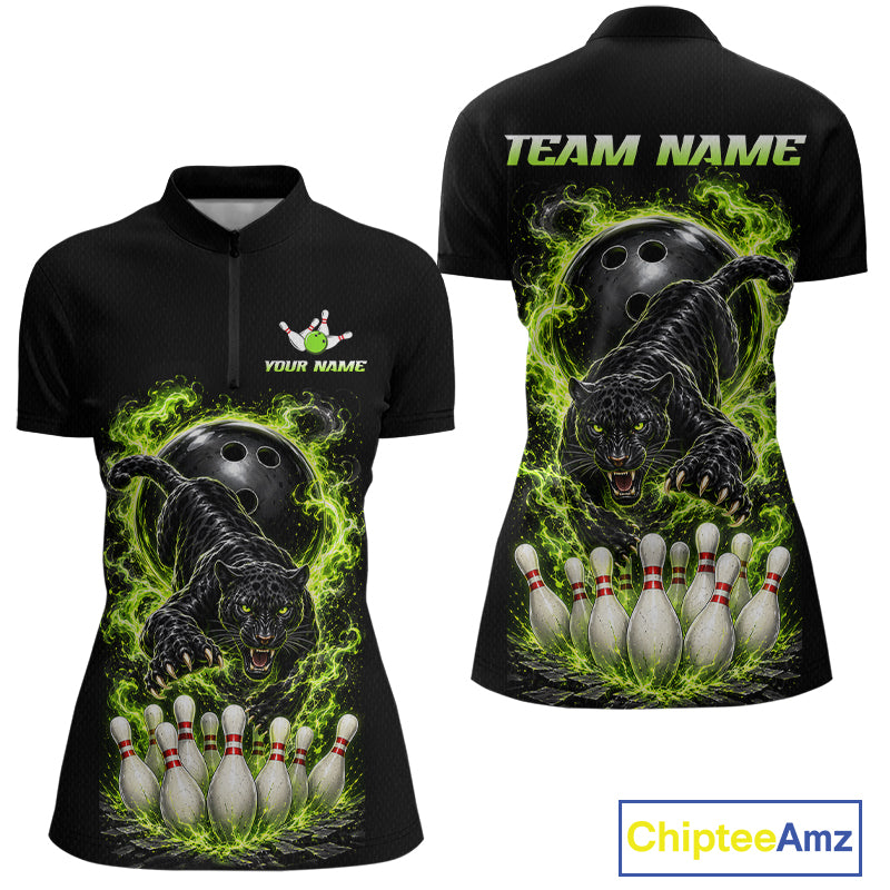 Custom Green Flame Panther Bowling Shirt for Women Bowling Team Jersey Polo & Quarter-Zip QZT1231