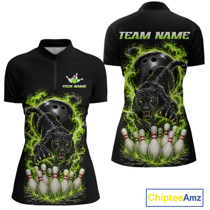 Custom Green Flame Panther Bowling Shirt for Women Bowling Team Jersey Polo & Quarter-Zip QZT1231