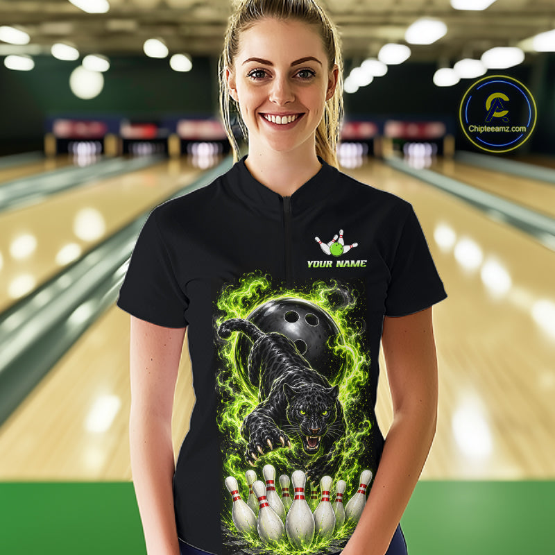 Custom Green Flame Panther Bowling Shirt for Women Bowling Team Jersey Polo & Quarter-Zip QZT1231