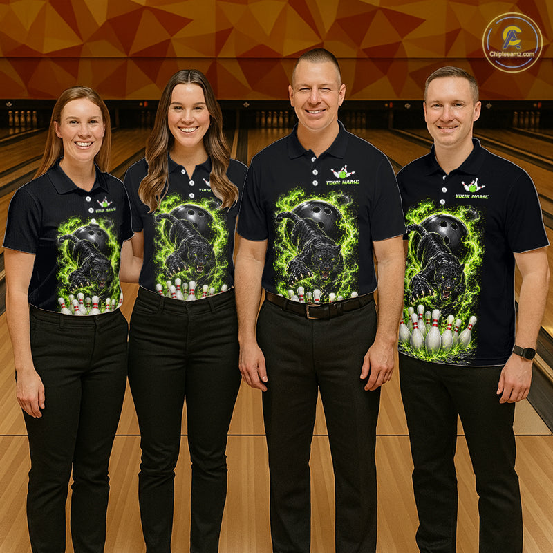 Custom Green Flame Panther Bowling Shirt for Women Bowling Team Jersey Polo & Quarter-Zip QZT1231