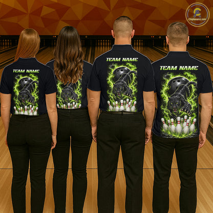 Custom Green Flame Panther Bowling Shirt for Women Bowling Team Jersey Polo & Quarter-Zip QZT1231