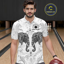 Load image into Gallery viewer, Man wearing custom black &amp; white tribal elephant bowling polo shirt, front view mockup, personalized bowling league jersey.