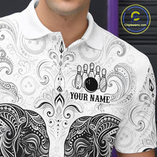 Load image into Gallery viewer, Close-up collar view of custom black &amp; white tribal elephant bowling polo shirt with personalized name detail.