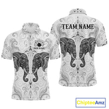 Load image into Gallery viewer, Custom black &amp; white tribal elephant  bowling polo shirt, front and back views, bowling league jersey for men