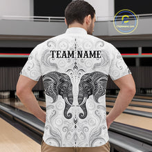 Load image into Gallery viewer, Man wearing custom black &amp; white tribal elephant  bowling 1/4 zip shirt, back view mockup, personalized bowling league jersey.