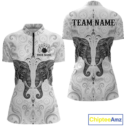 Custom black & white tribal elephant  bowling quarter-zip shirt, front and back views, bowling league jersey for women