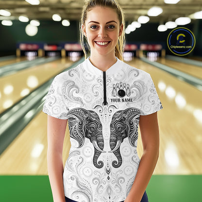 Woman wearing custom black & white tribal elephant  bowling 1/4 zip shirt, front view mockup, personalized bowling league jersey.