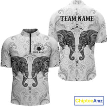 Load image into Gallery viewer, Custom black &amp; white tribal elephant  bowling quarter-zip shirt, front and back views, bowling league jersey for men