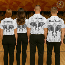 Load image into Gallery viewer, Bowling team wearing custom black &amp; white tribal elephant bowling shirts, group back view mockup, personalized team jerseys.