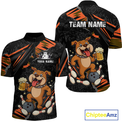 Custom Orange Funny Bulldog & Beer Bowling Shirt Men Bowling Team Jersey League Polo & 1/4 Zip QZT812