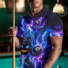 Load image into Gallery viewer, Person wearing a vibrant polo shirt with a pool ball design, holding a pool cue on a billiard table.