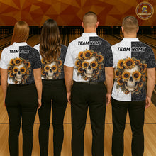Load image into Gallery viewer, Four people wearing bowling shirts with skull and sunflower designs on a bowling alley.