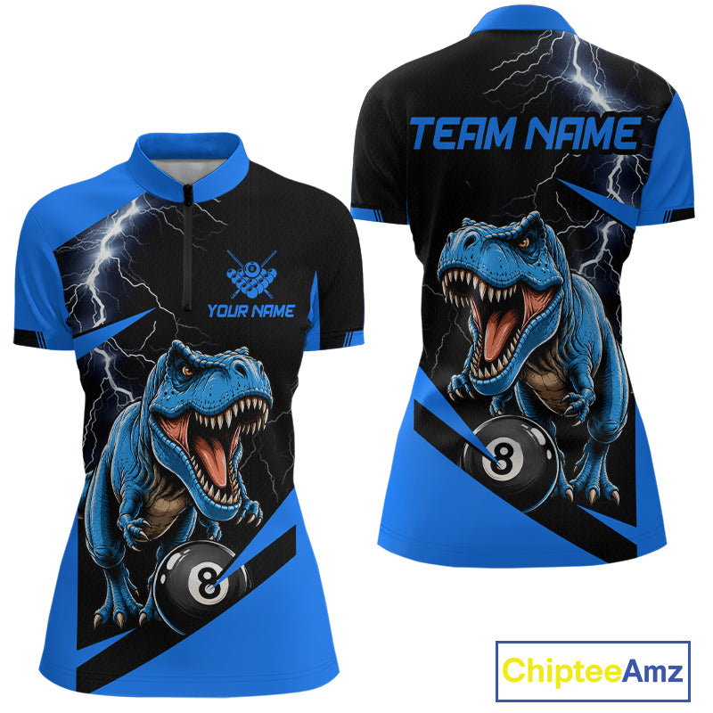 Front and back views of a short-sleeve cycling jersey featuring a blue T-Rex dinosaur, lightning graphics, and a black 8-ball design on a black and blue background. The front has placeholder text 'YOUR NAME' and 'TEAM NAME'.