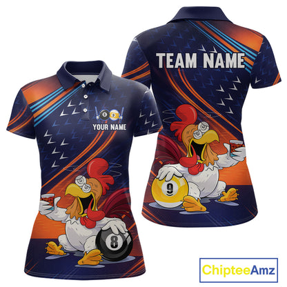 Customizable short-sleeve polo shirt shown from the front and back, featuring a dark navy blue base with orange and blue diagonal stripes, cartoon rooster graphics, pool ball illustrations, and placeholder text 'TEAM NAME' and 'YOUR NAME'.