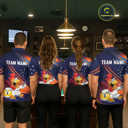 Four people standing with their backs to the camera in a dimly lit indoor room, wearing matching custom team jerseys. The jerseys feature a blue background with a large cartoon rooster and chicken graphic, along with the text 'TEAM NAME' and a number 9 on the back.