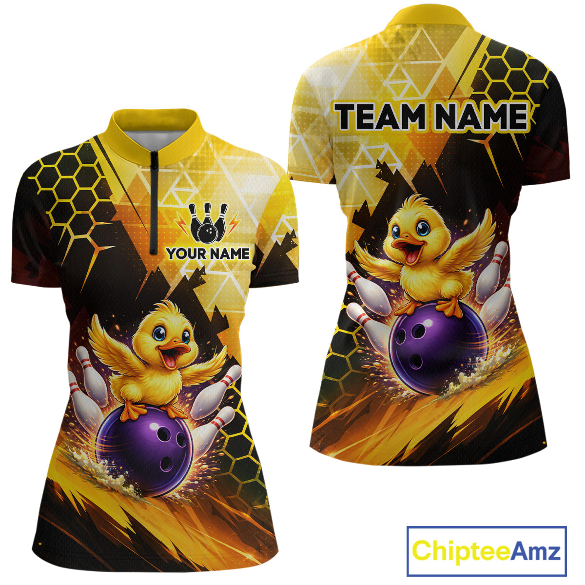 Custom Funny Duck Bowling Team Shirt for Women Yellow Bowling League Jersey Polo & 1/4 Bowling Outfit  QZT958