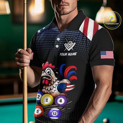 Custom Funny American Flag Chicken Billiard Shirt for Men Billiard Jersey Polo & Quarter-Zip Pool Shirt BHT28