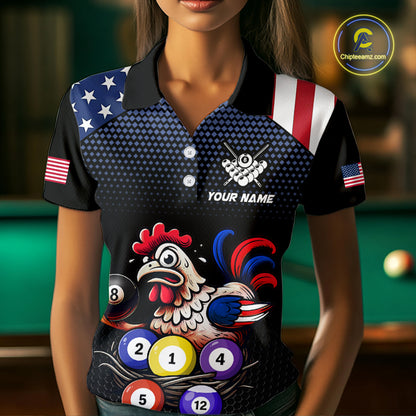 Custom Funny American Flag Chicken Billiard Shirt for Women Billiard Jersey Polo & Quarter-Zip Pool Shirt BHT28