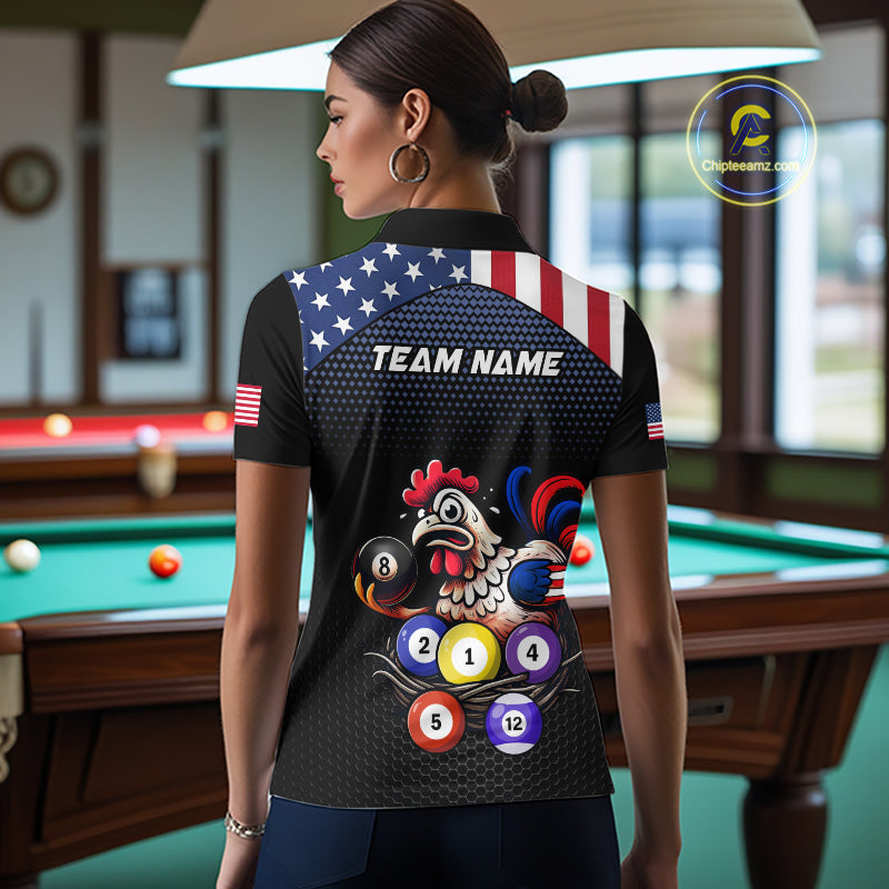 Custom Funny American Flag Chicken Billiard Shirt for Women Billiard Jersey Polo & Quarter-Zip Pool Shirt BHT28