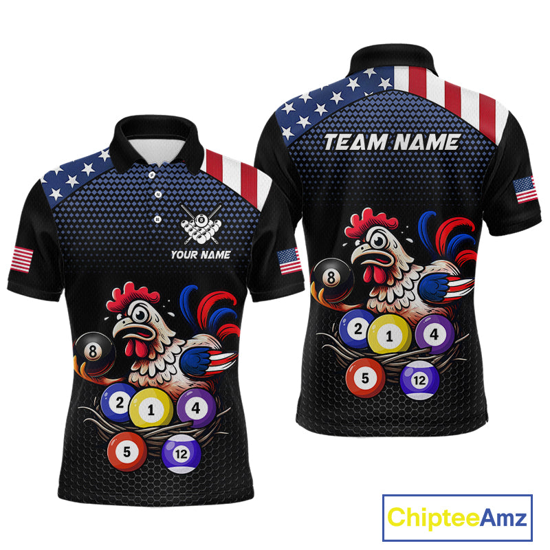 Custom Funny American Flag Chicken Billiard Shirt for Men Billiard Jersey Polo & Quarter-Zip Pool Shirt BHT28
