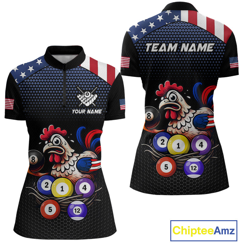 Custom Funny American Flag Chicken Billiard Shirt for Women Billiard Jersey Polo & Quarter-Zip Pool Shirt BHT28