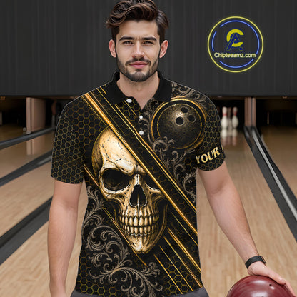 Man wearing custom black & gold skull crown bowling polo shirt, front view mockup, personalized bowling league jersey.